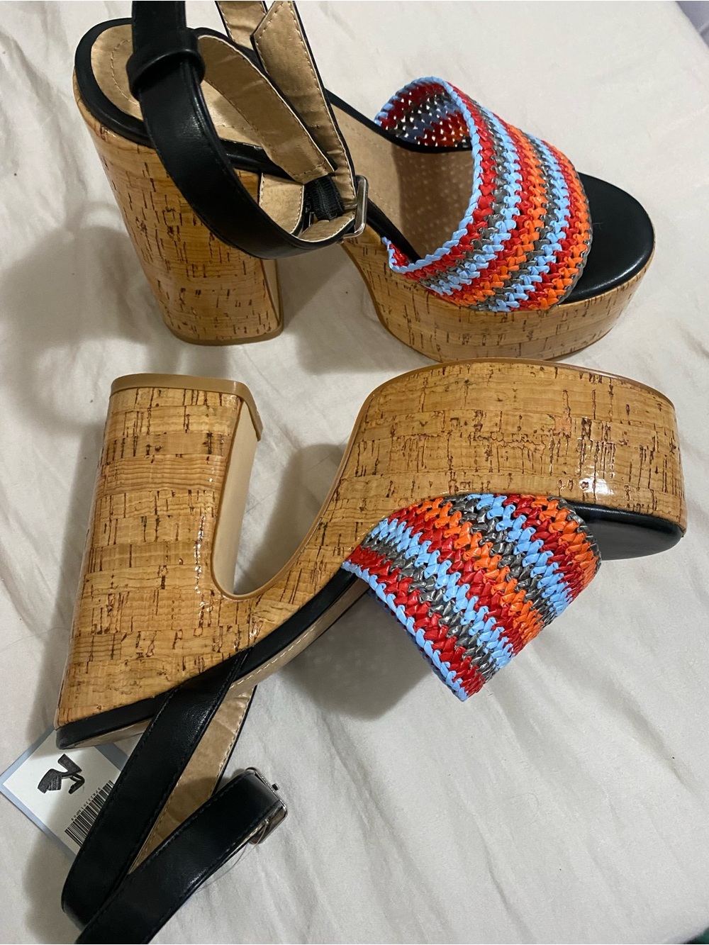 Lulamax NWT Woven Cork Platform Sandals Multicolor Retro Chunky Heel 8
